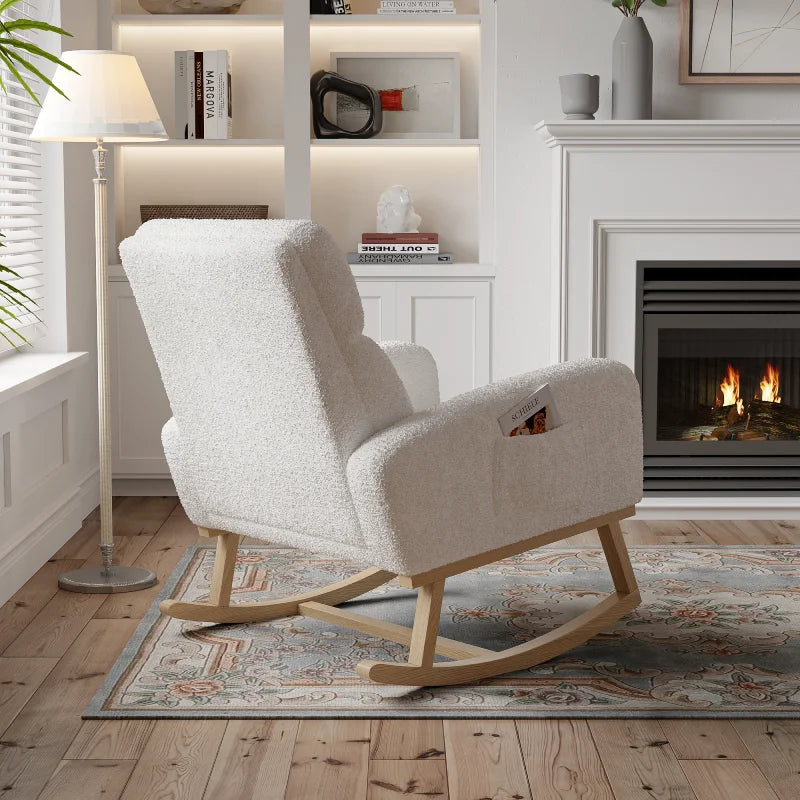 Rocking Chair with Pockets, White, Berber Fleece