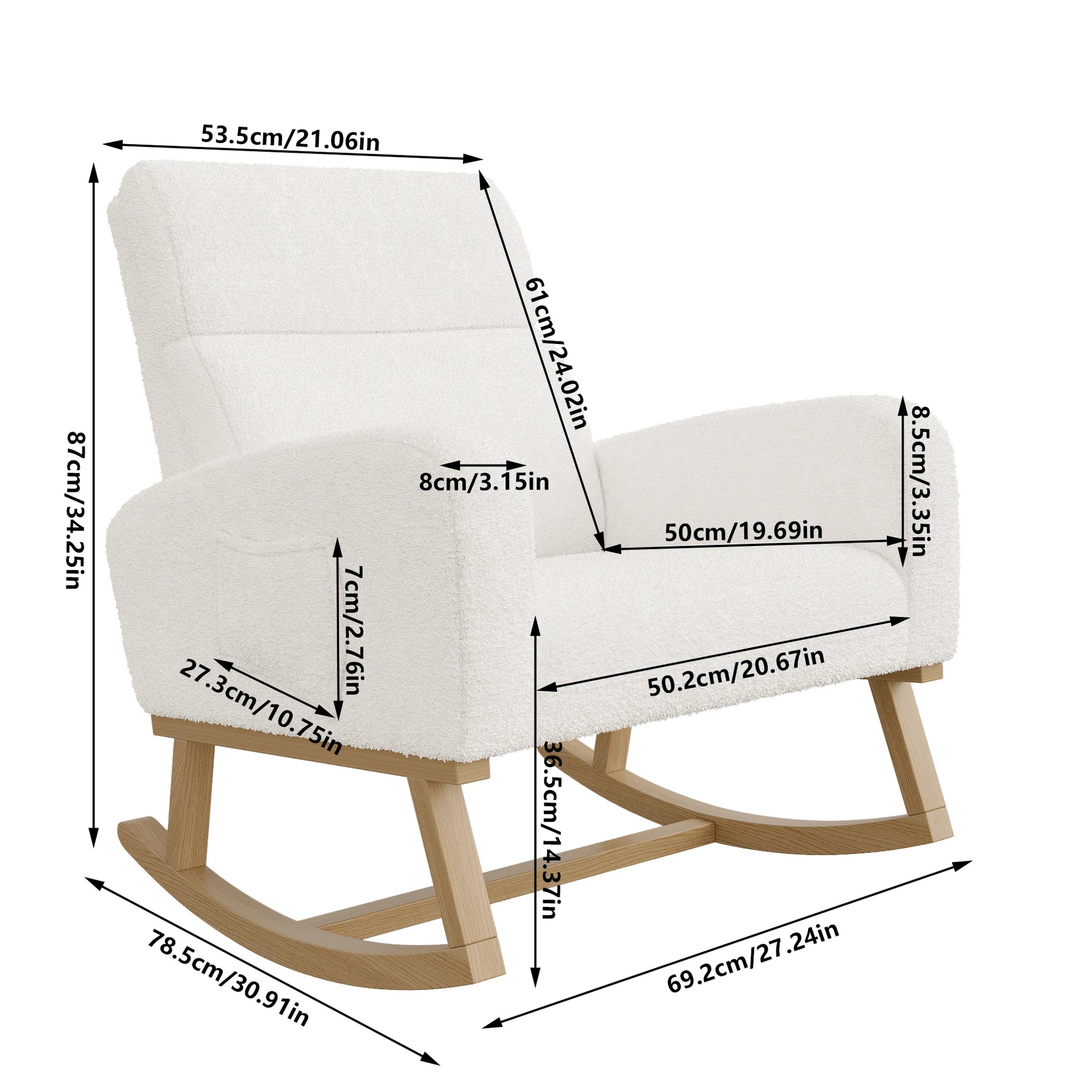 Rocking Chair with Pockets, White, Berber Fleece